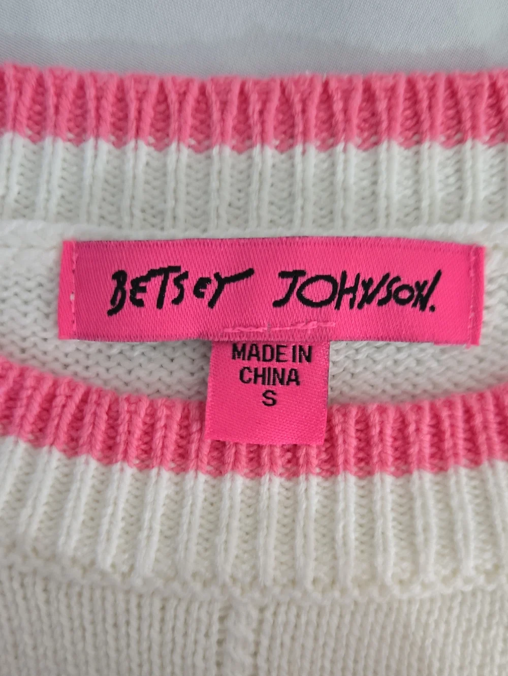 Betsey Johnson Cream Knit Top with Pink Flower Appliqués